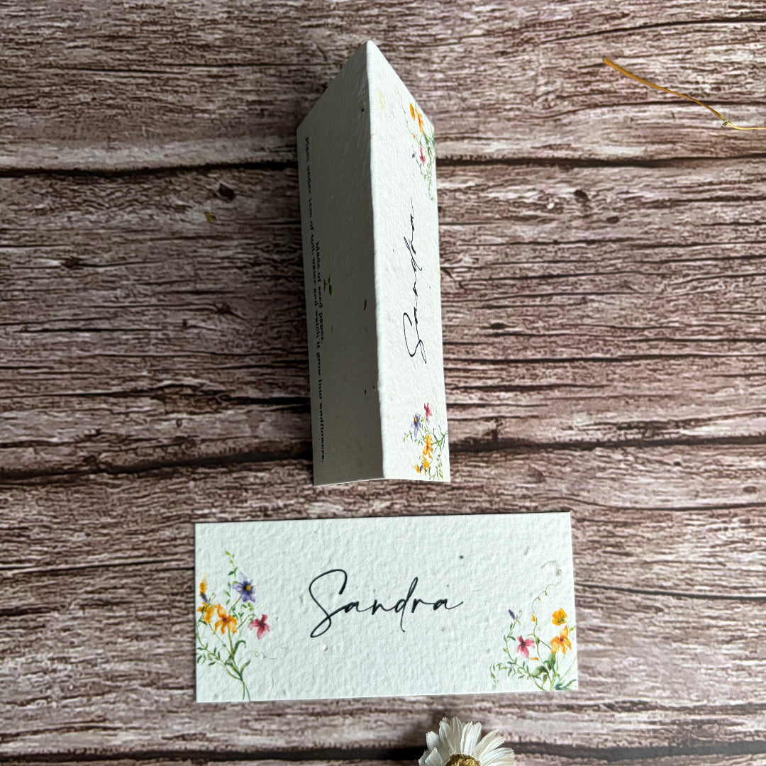 plantable wedding place cards with flat or folded style on a wooden surface