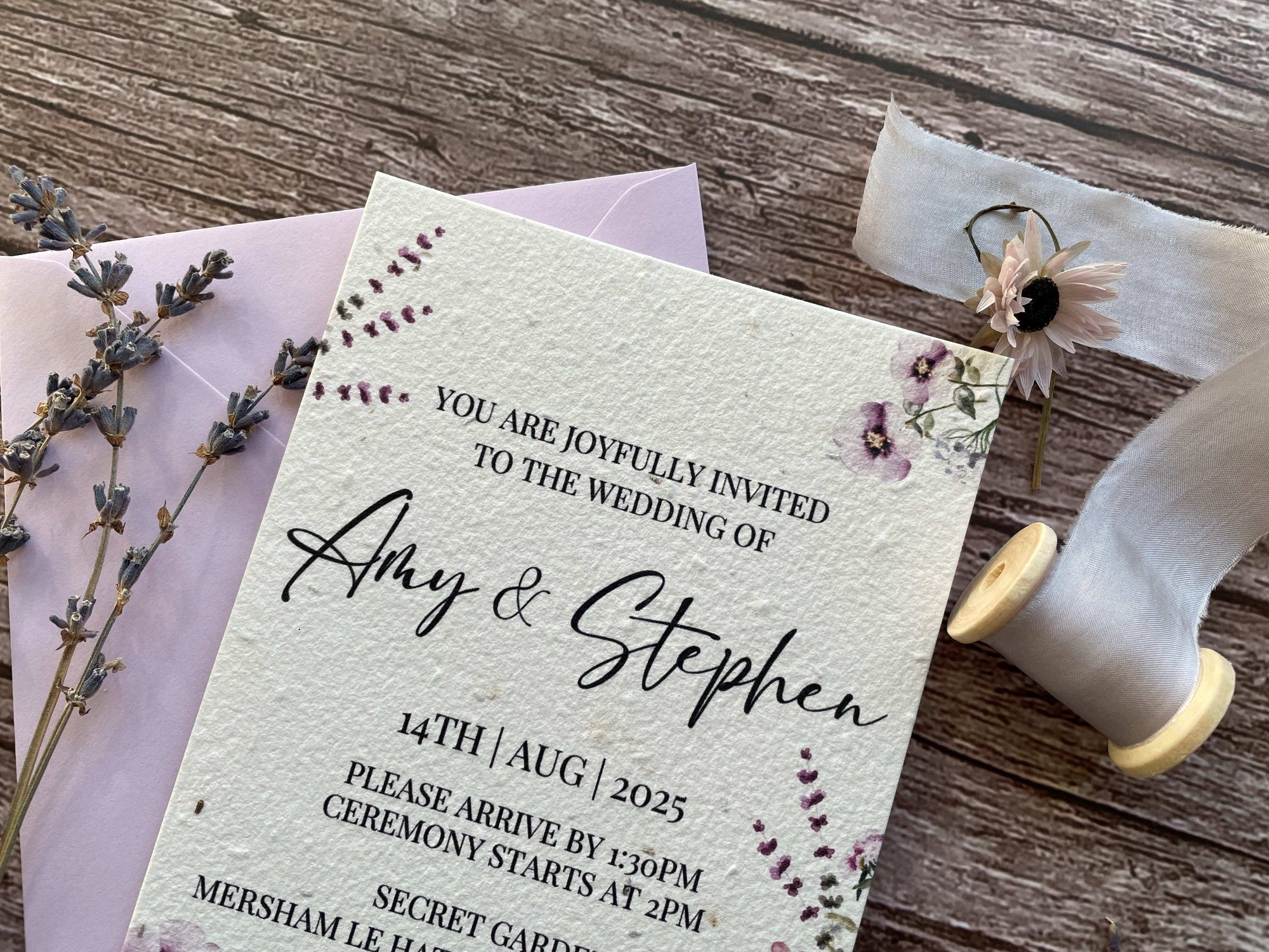 plantable wedding stationery with lilac lavender and ribbon