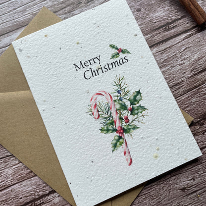 plantable candy cane Christmas card on a wooden background