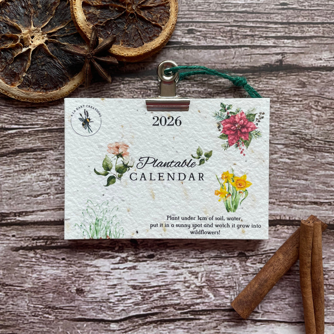 Floral plantable calendar for 2026 on a wooden surface with dried oranges and cinnamon sticks.