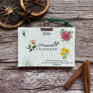 Floral plantable calendar for 2026 on a wooden surface with dried oranges and cinnamon sticks.