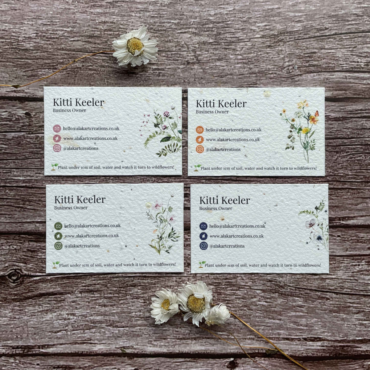 collection of pre-designed plantable business cards with uk wildflowers, showcasing eco-friendly floral designs and personalised branding, alakartcreations