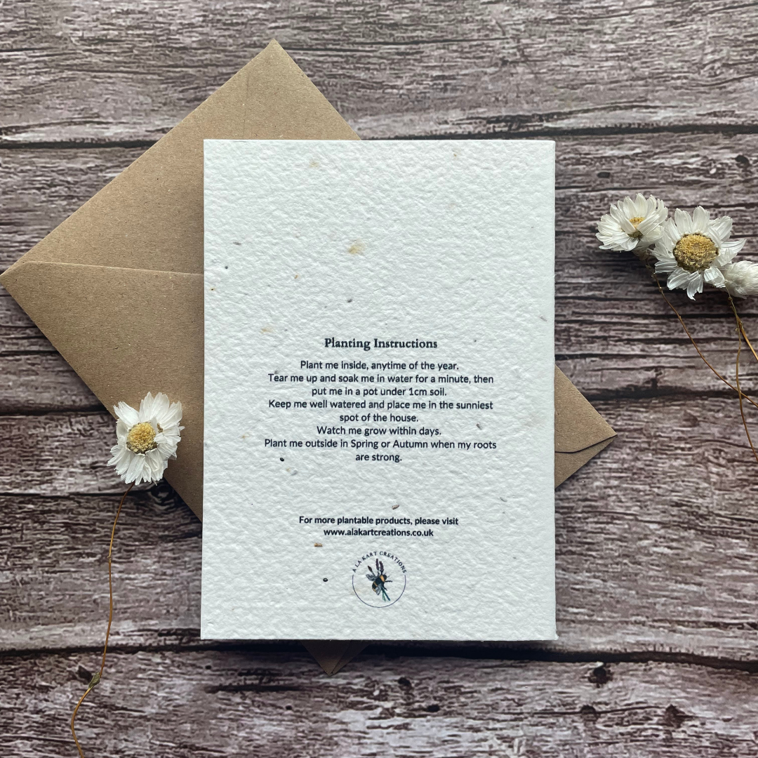 back view of personalised plantable sunflower mother's day card with planting instructions, handmade in the uk by alakart creations