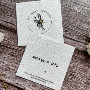 right angle view of square plantable seed paper business cards with custom design, showcasing eco-friendly materials, from A La KArt Creations