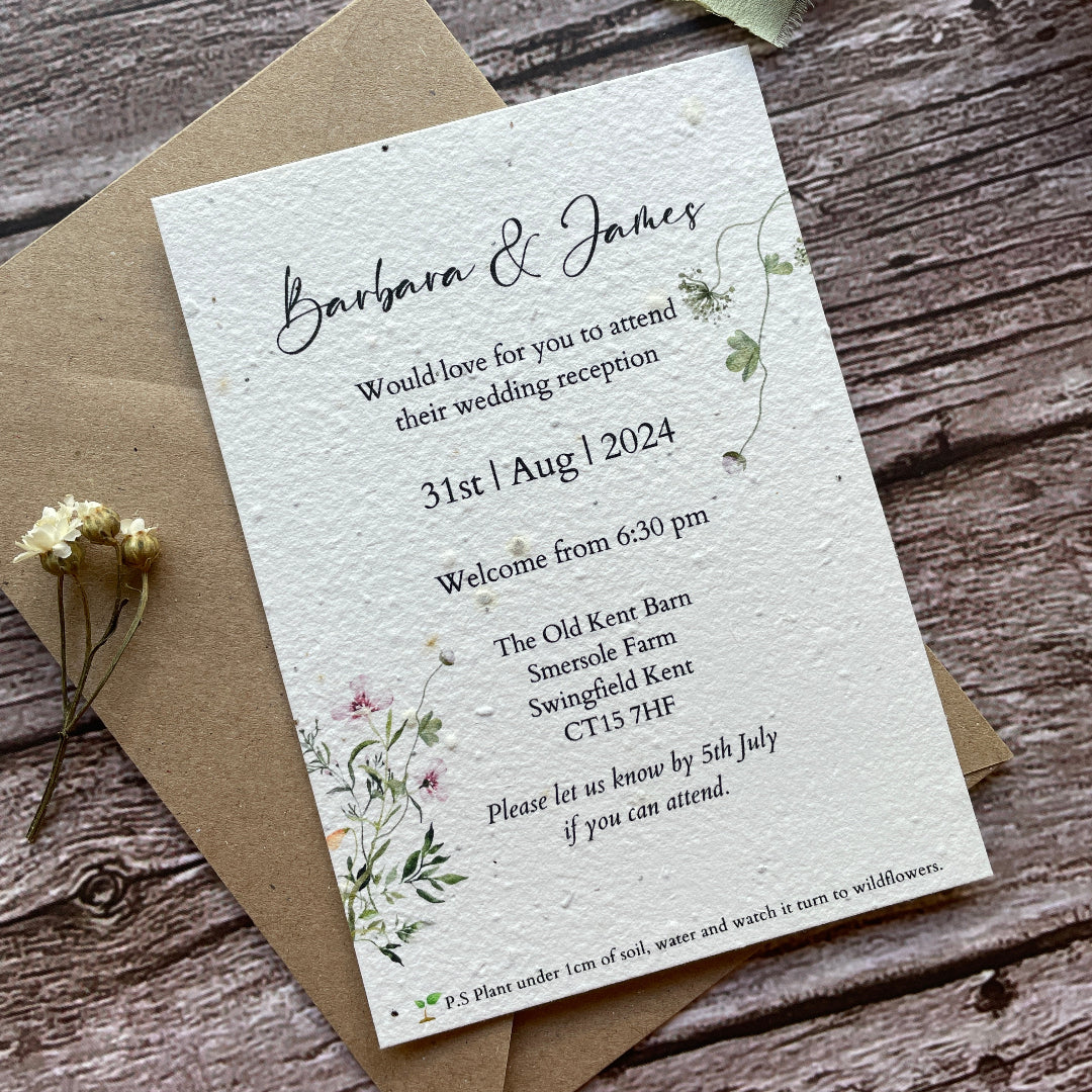 plantable seed paper reception invites for evening wedding botanical on wooden surface