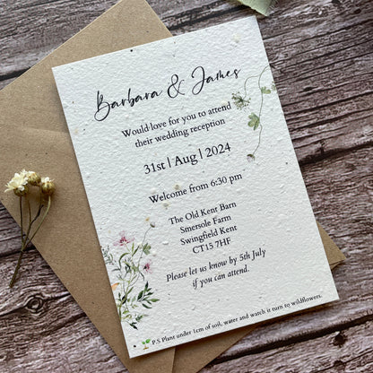 plantable seed paper reception invites for evening wedding botanical on wooden surface