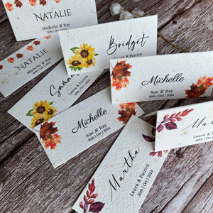 selection of plantable autumn themed wedding place cards, alakartcreations