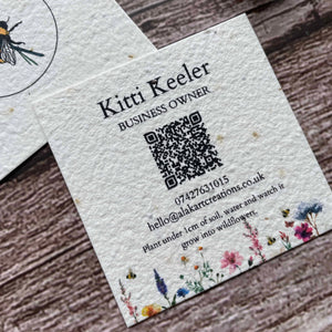 square plantable seed paper business cards with qr code, angled left, alakartcreations