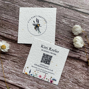 square plantable seed paper business cards with qr code, angled right, alakartcreations
