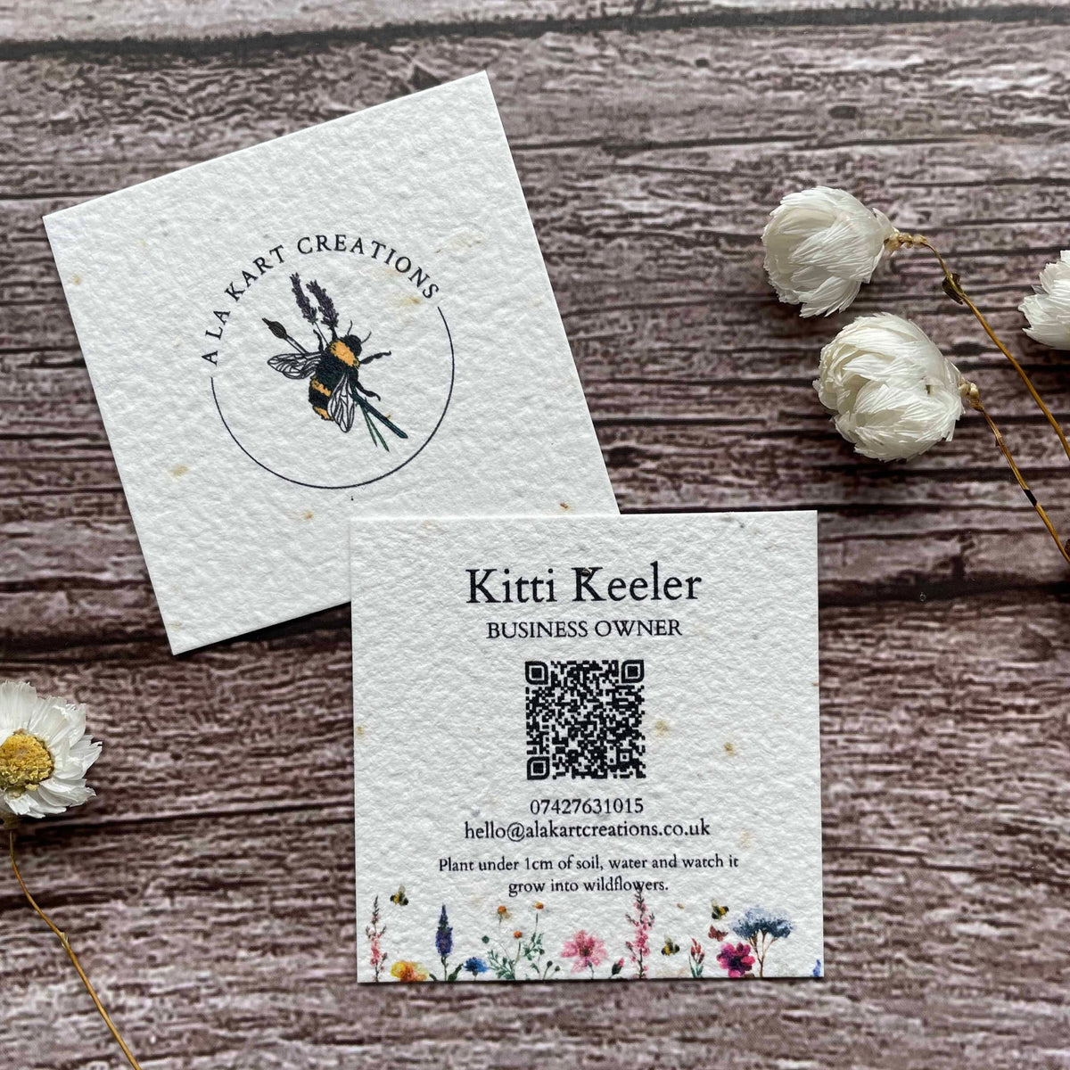 square plantable seed paper business cards with qr code, alakartcreations