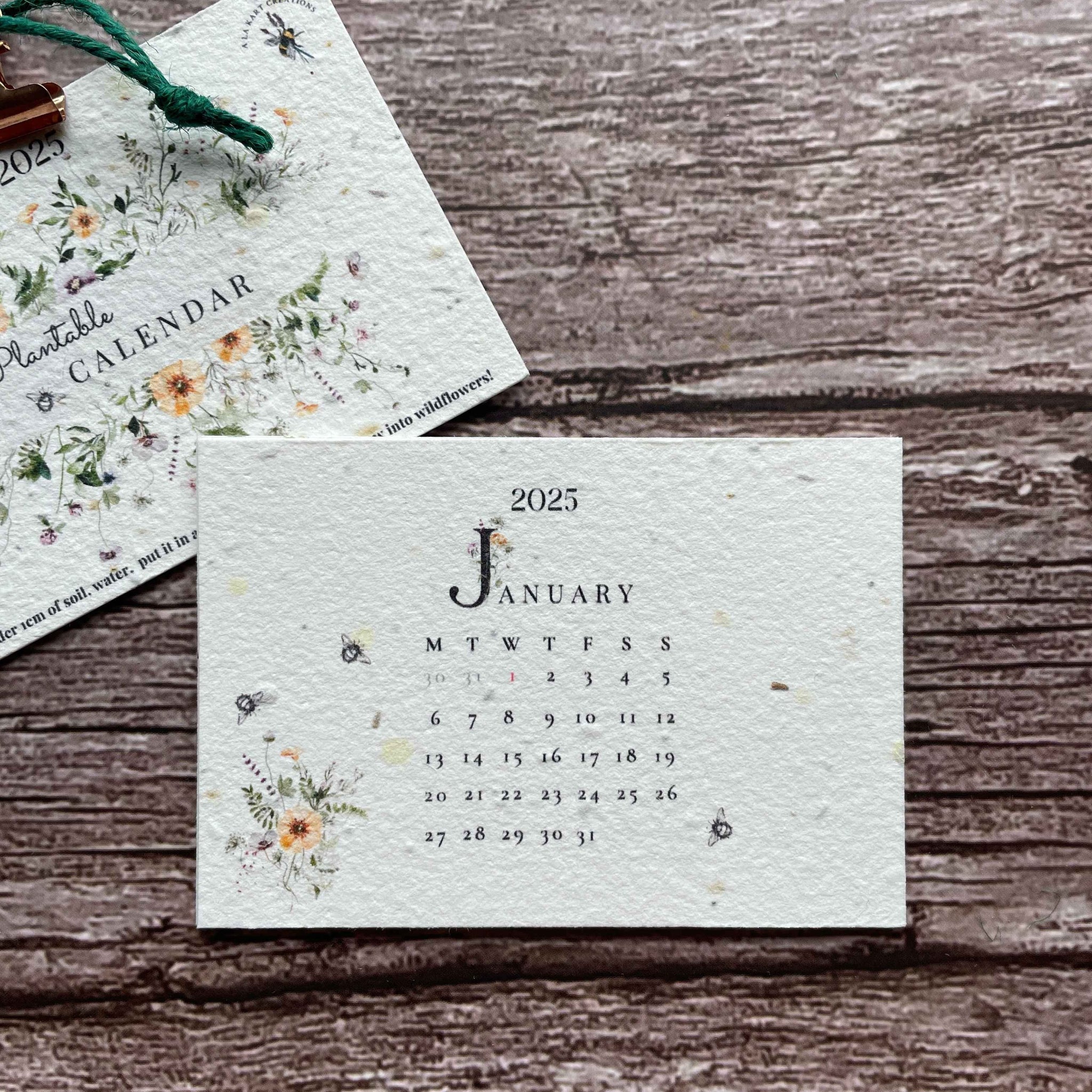 january page of the 2025 plantable seed paper calendar, featuring the summer elegance design with intricate floral illustrations and a bright colour palette, alakartcreations