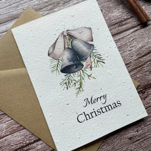 vintage bells plantable christmas card angled front, portrait design, eco-friendly card made from seed paper, alakartcreations