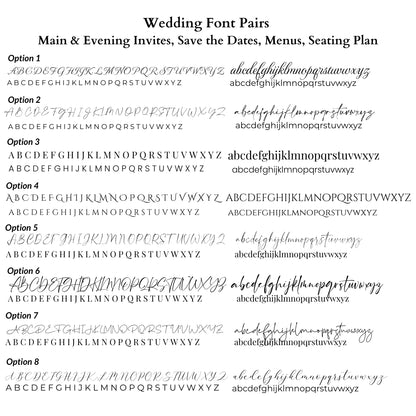 wedding font options for save the date cards, invites, menus, seating plans, alakartcreations