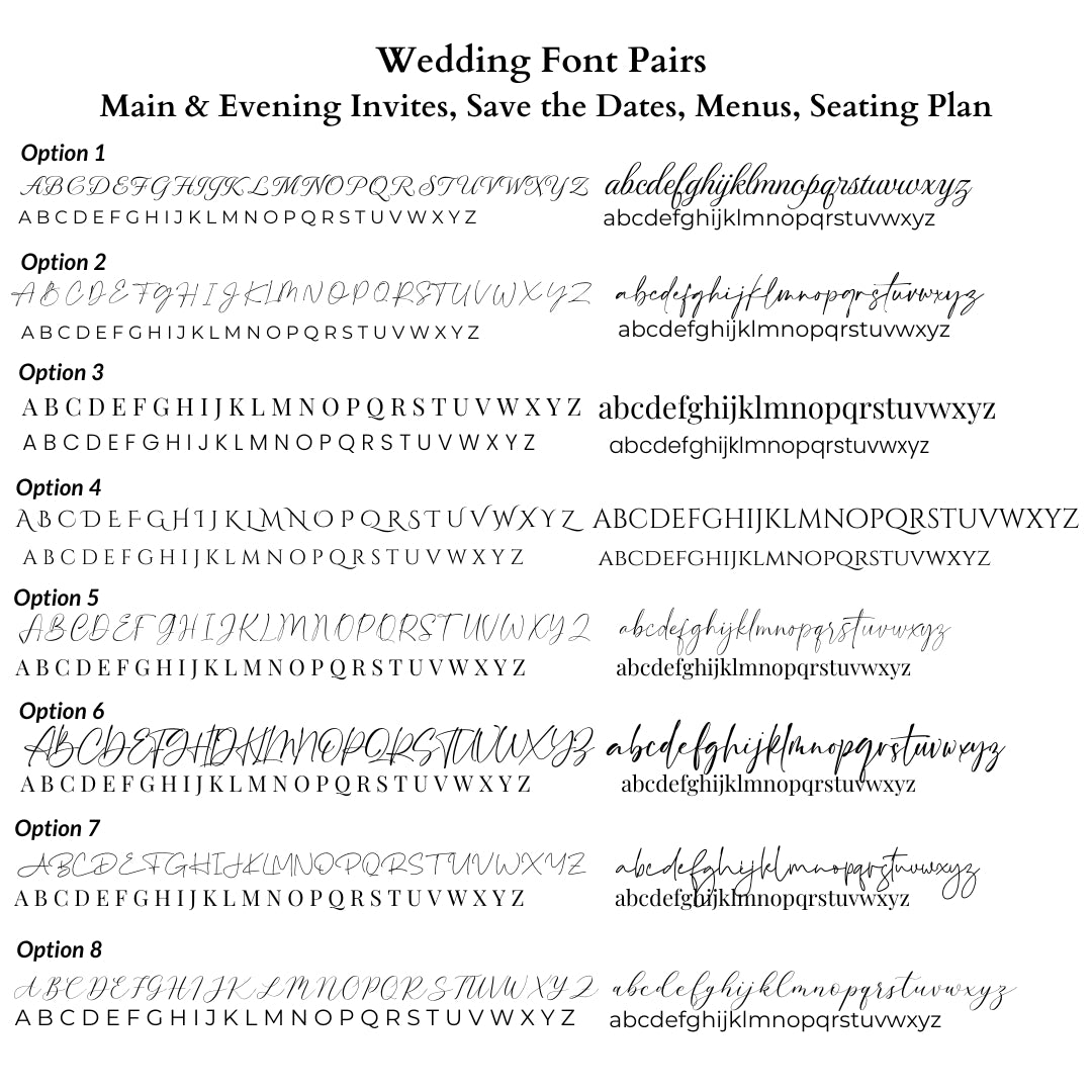 wedding font options for invites, save the date cards, menus, seating plans, and evening invites, personalised by alakartcreations