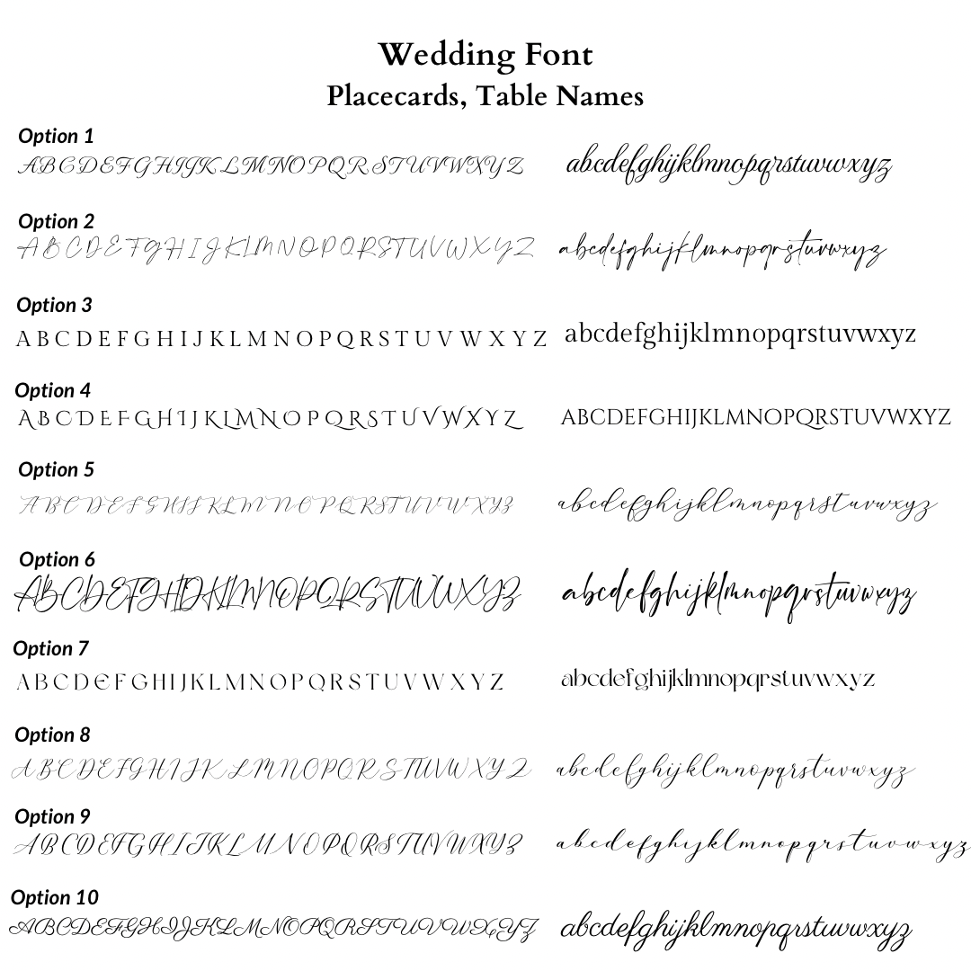 Various wedding font options for placecards and table names on a white background