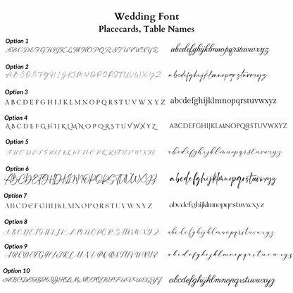 Various wedding font options for placecards and table names on a white background