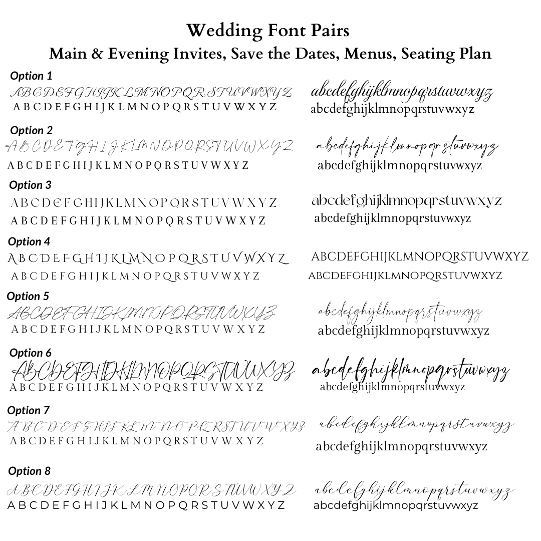 Various wedding font pairs for invitations, save the dates, menus, and seating plans on a white background.
