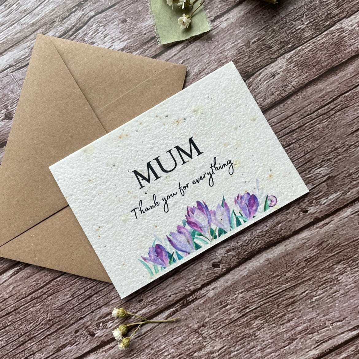 angled left view of personalised plantable seed paper mother's day card featuring crocus and "Mum, thank you for everything" message alakartcreations