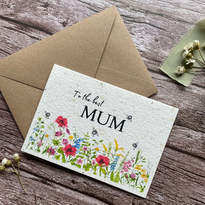 close-up angled right view of personalised seed paper mother's day card featuring wildflowers and "To the Best Mum" message alakartcreations