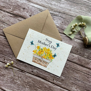 angled right view of personalised plantable mother's day card featuring daffodils and "Happy Mother’s Day" message alakartcreations