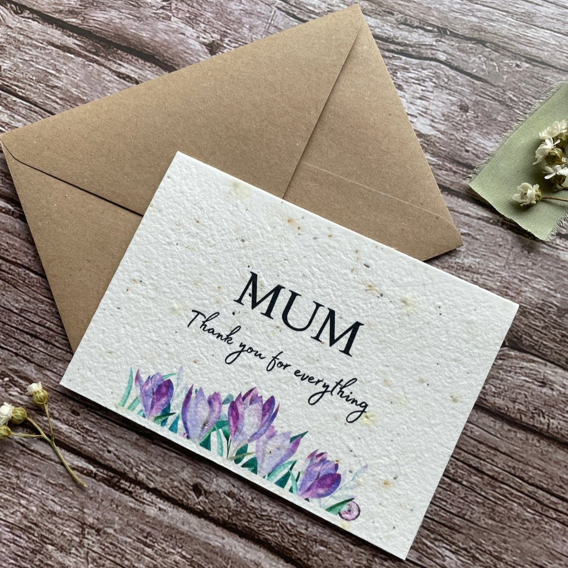 angled right view of personalised plantable seed paper mother's day card featuring crocus and "Mum, thank you for everything" message alakartcreations