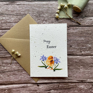 personalised plantable easter card featuring a yellow baby chick and vibrant flowers, alakartcreations