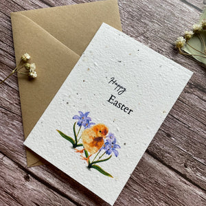 personalised plantable easter card angled view with yellow baby chick and flowers, alakartcreations