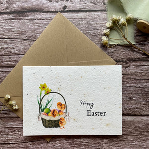 personalised plantable easter card with baby chicks and easter eggs, made with wildflower seed paper, alakartcreations