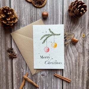 baubles plantable christmas card front, portrait design, eco-friendly card made from seed paper, alakartcreations