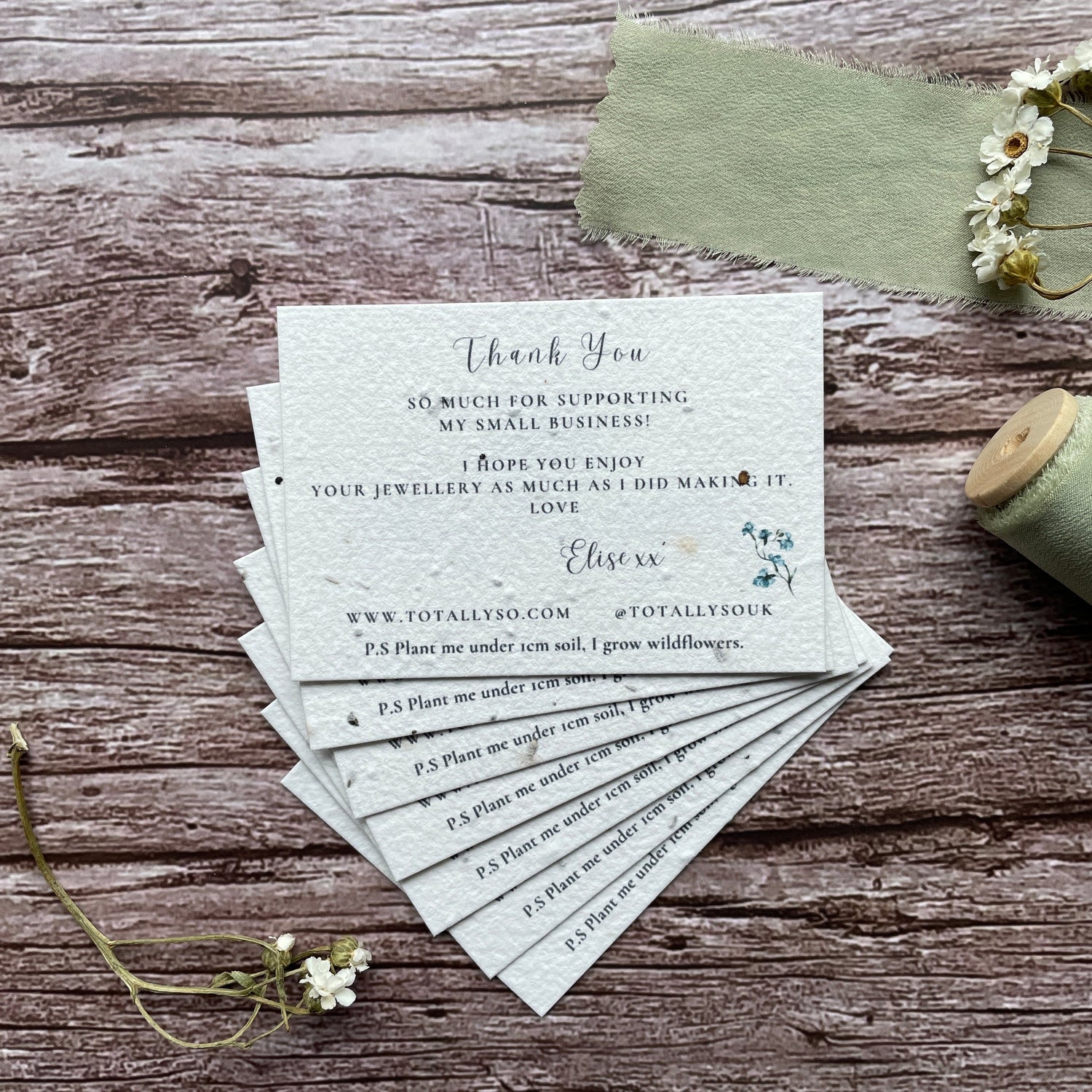 front view of custom A7 plantable thank you cards from alakartcreations