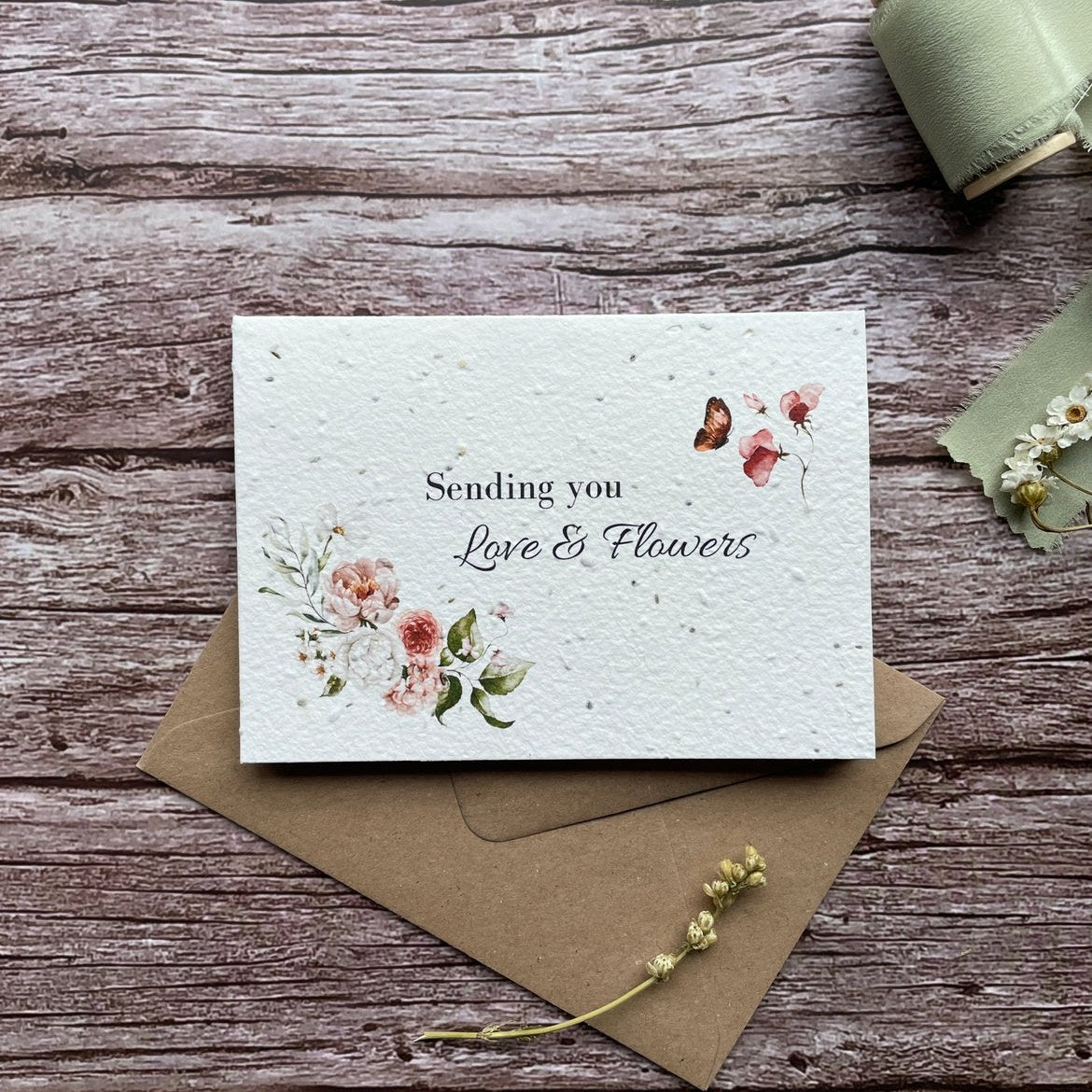 Personalised plantable card with love and flowers butterflies illustration