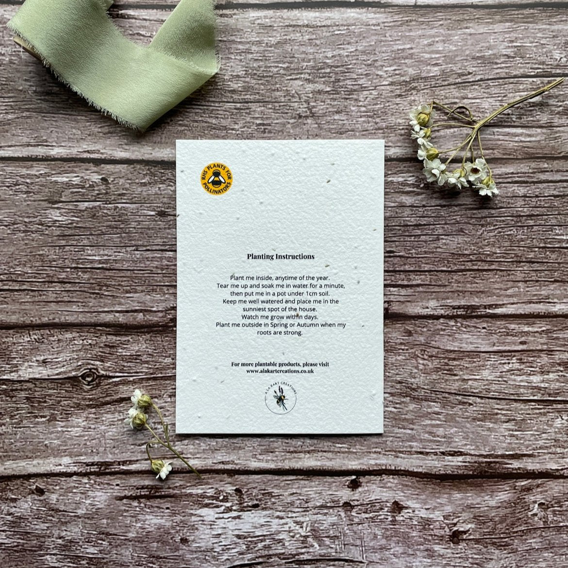 Back view of the Love and Flowers Letter Personalised Plantable Card displaying essential information and branding.