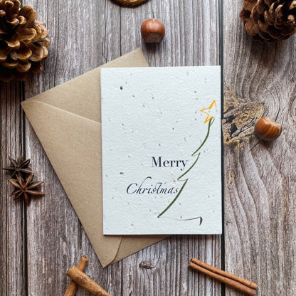 minimalistic christmas tree plantable christmas card front, portrait design, eco-friendly card made from seed paper, alakartcreations