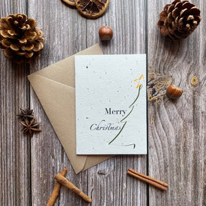 minimalistic christmas tree plantable christmas card front, portrait design, eco-friendly card made from seed paper, alakartcreations