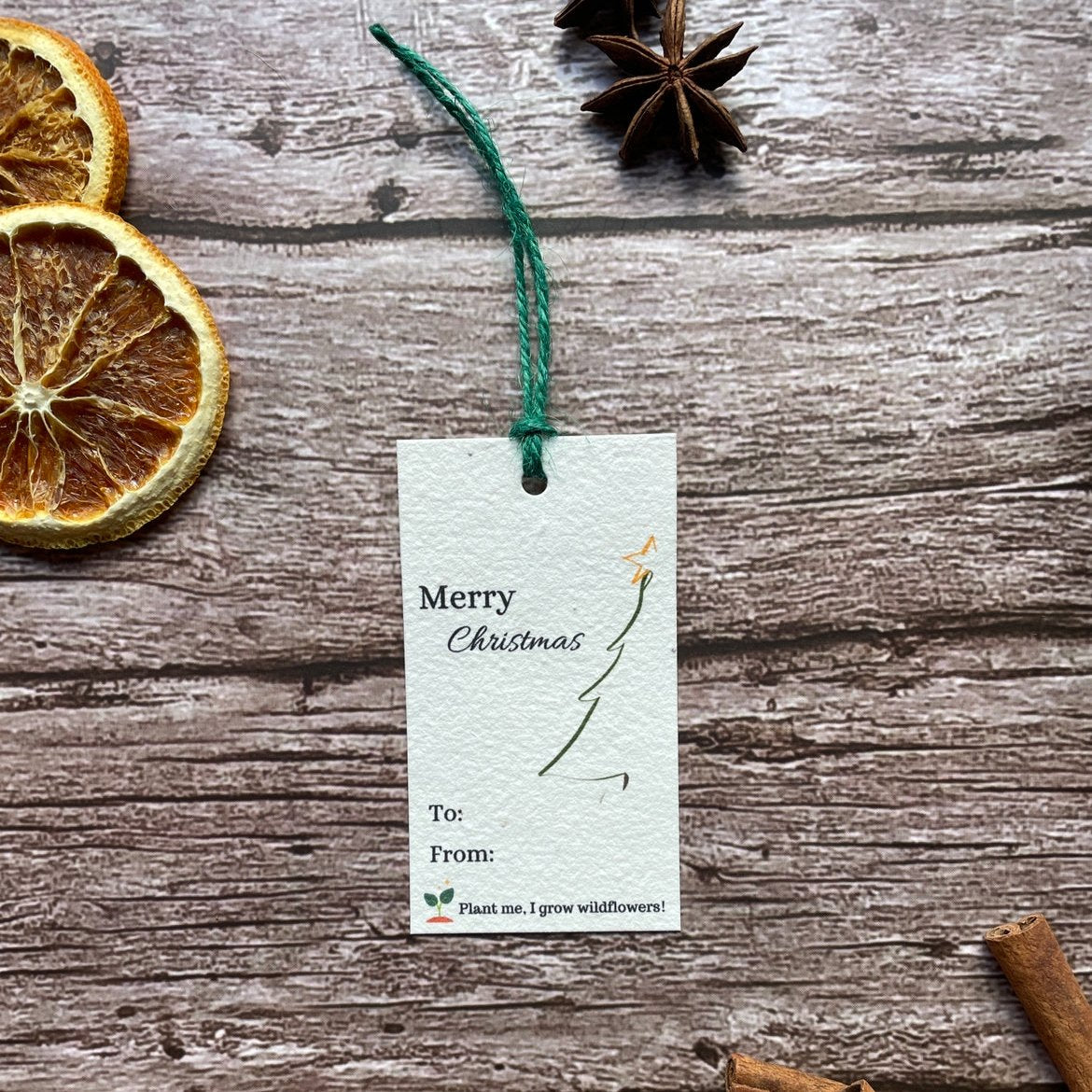 Close-up view of a single minimalistic christmas tree plantable gift tag with optional green twine.