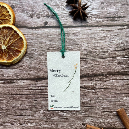 Close-up view of a single minimalistic christmas tree plantable gift tag with optional green twine.