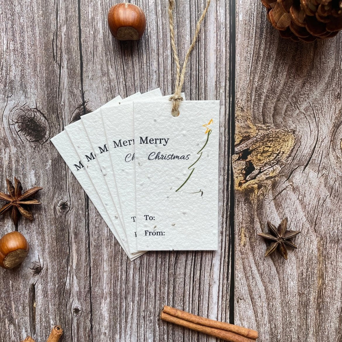 Group of five minimalistic christmas tree plantable gift tags featuring optional green twine.