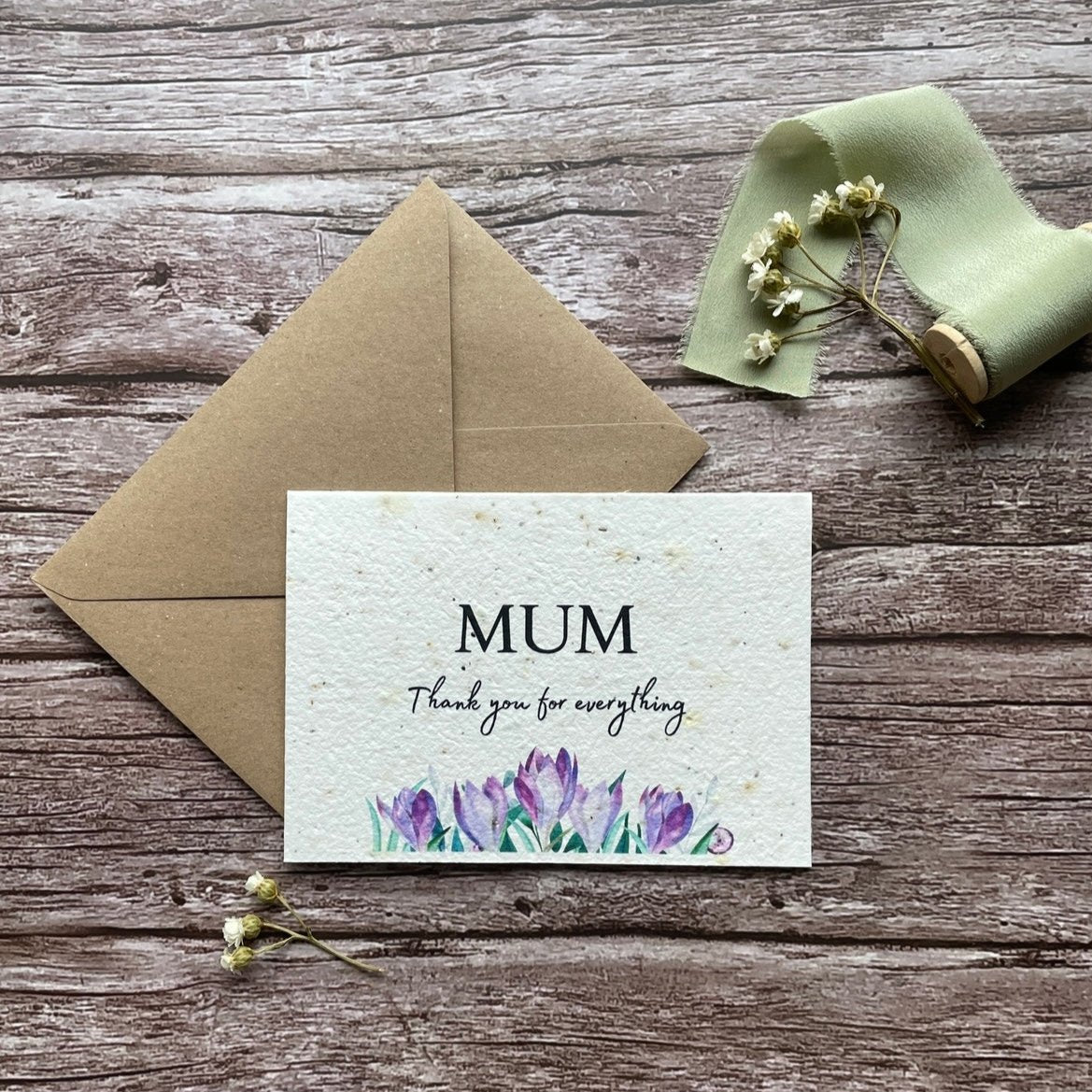 personalised plantable seed paper mother's day card featuring crocus and "Mum, thank you for everything" message alakartcreations