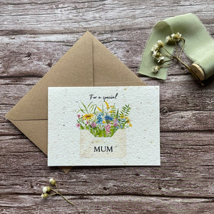 personalised plantable seed paper mother's day card featuring wildflowers and "For a Special Mum" message alakartcreations