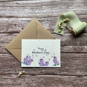 personalised seed paper mother's day card featuring lilacs design and "Happy Mother’s Day" message alakartcreations