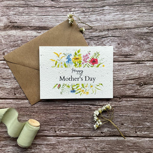 personalised seed paper mother's day card featuring wildflower foliage border and "Happy Mother’s Day" message alakartcreations