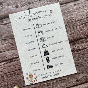 plantable seed paper wedding order of service card in burnt orange theme, showing angled left view, floral design on wooden background, eco-friendly