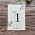 plantable seed paper wedding table number or name cards in lilac theme, front close-up view with floral design on wooden background, eco-friendly, alakartcreations