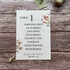 plantable seed paper wedding table seating plan in burnt orange theme, front view with floral design on wooden background, eco-friendly, alakartcreations