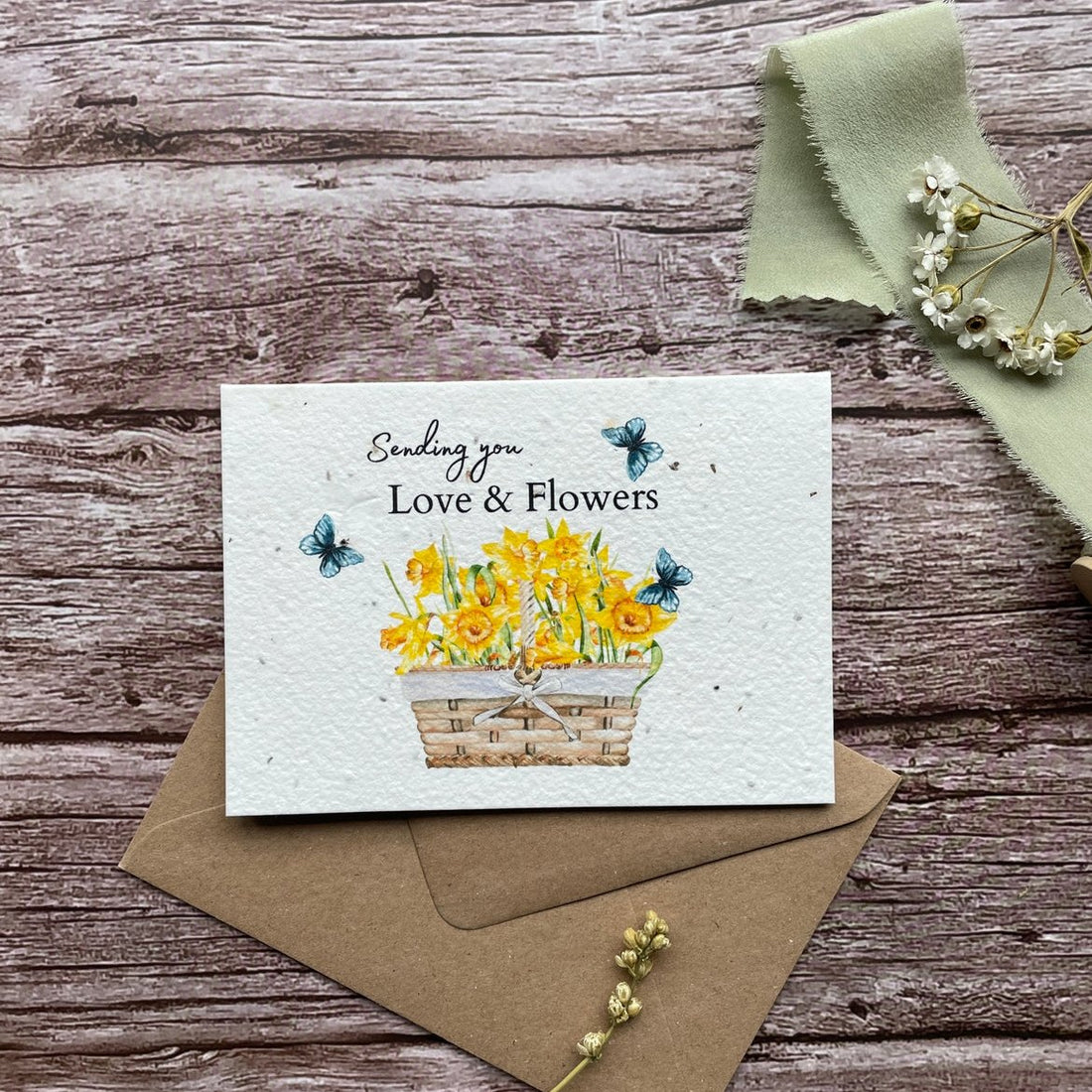 Front of Sending You Love &amp; Flowers Personalised Plantable Card featuring daffodil design from A La KArt Creations.