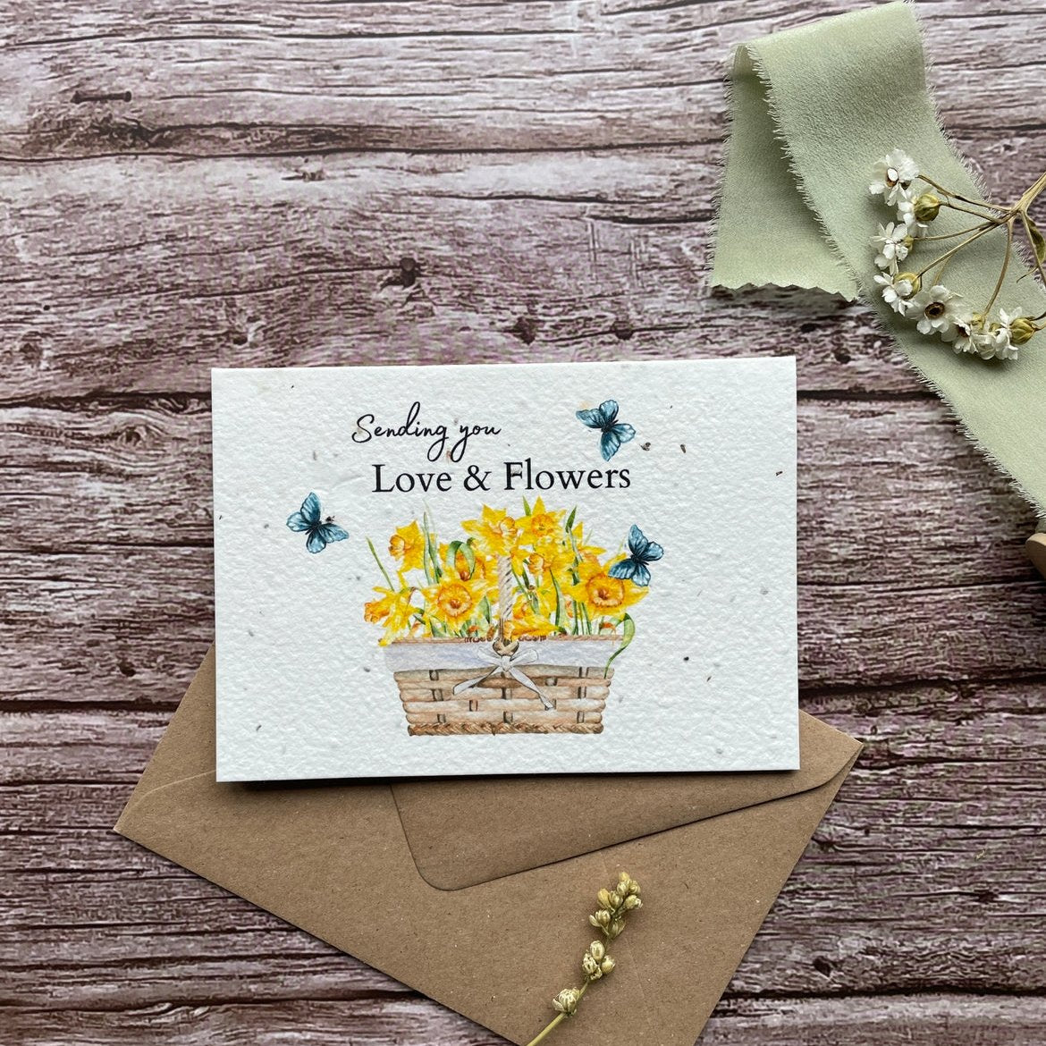 Front of Sending You Love &amp; Flowers Personalised Plantable Card featuring daffodil design from A La KArt Creations.